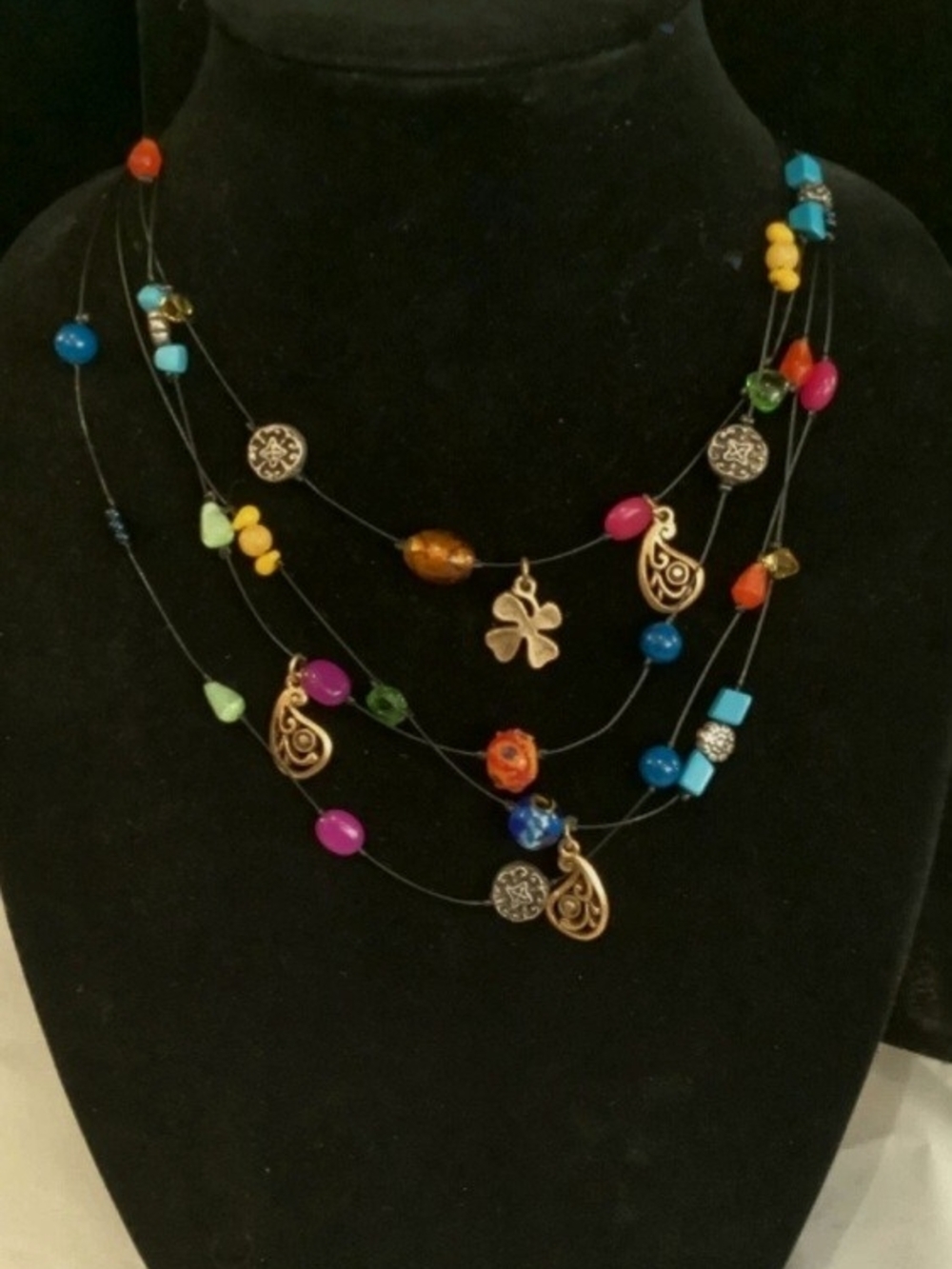 Chico's Multicolor Bead & Gold/Brass Tone Charm Layered Necklace
